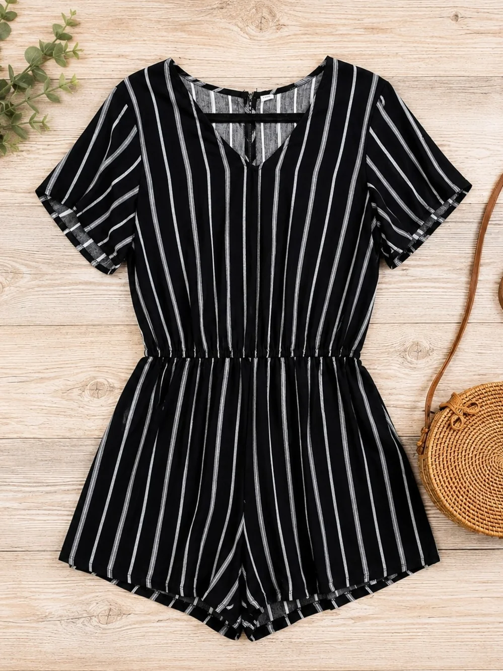 Old Navy Black & White Striped Romper XS Surplice Back Short Sleeve